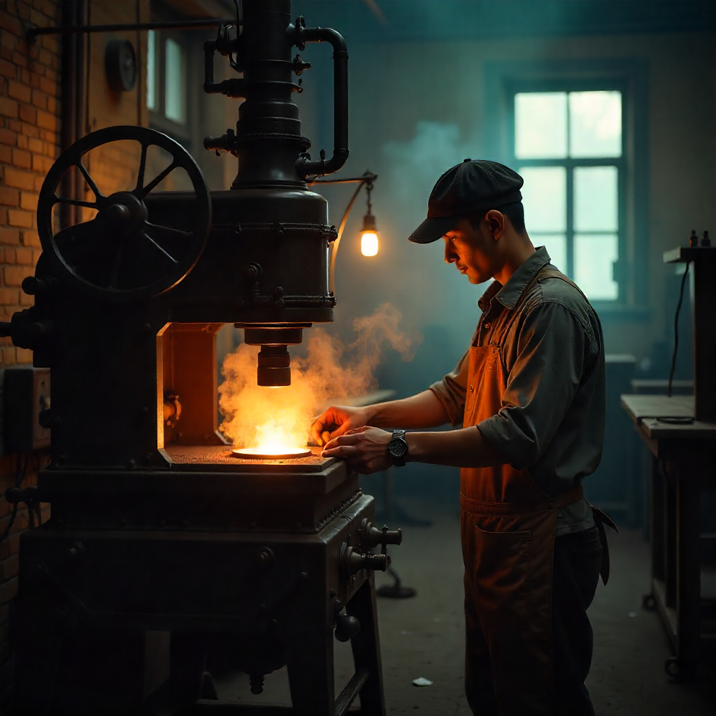 A person pressing the die to cut steel in end product